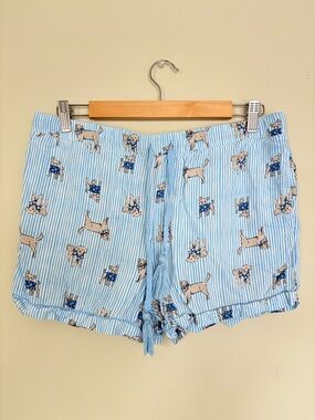Light Blue Striped High-Waist Women’s Shorts with Dog Print